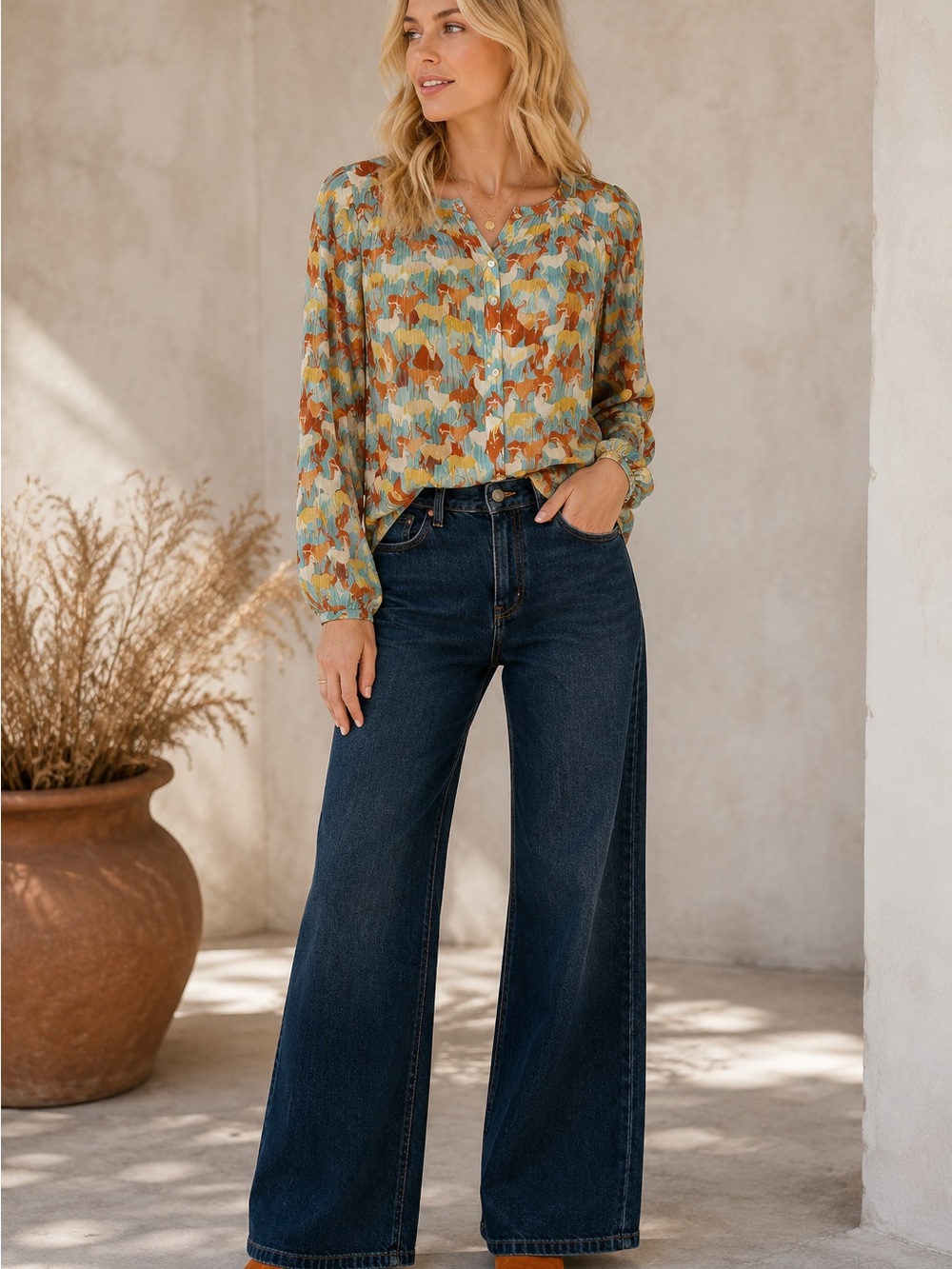 Sundance 100% Silk Deer Print Button Up Blouse Top Blue Size XS Boho Western